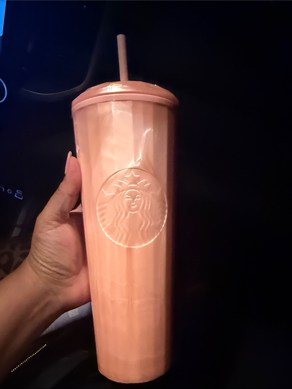 Starbucks Peach-Colored Embossed Reusable Tumbler with Straw